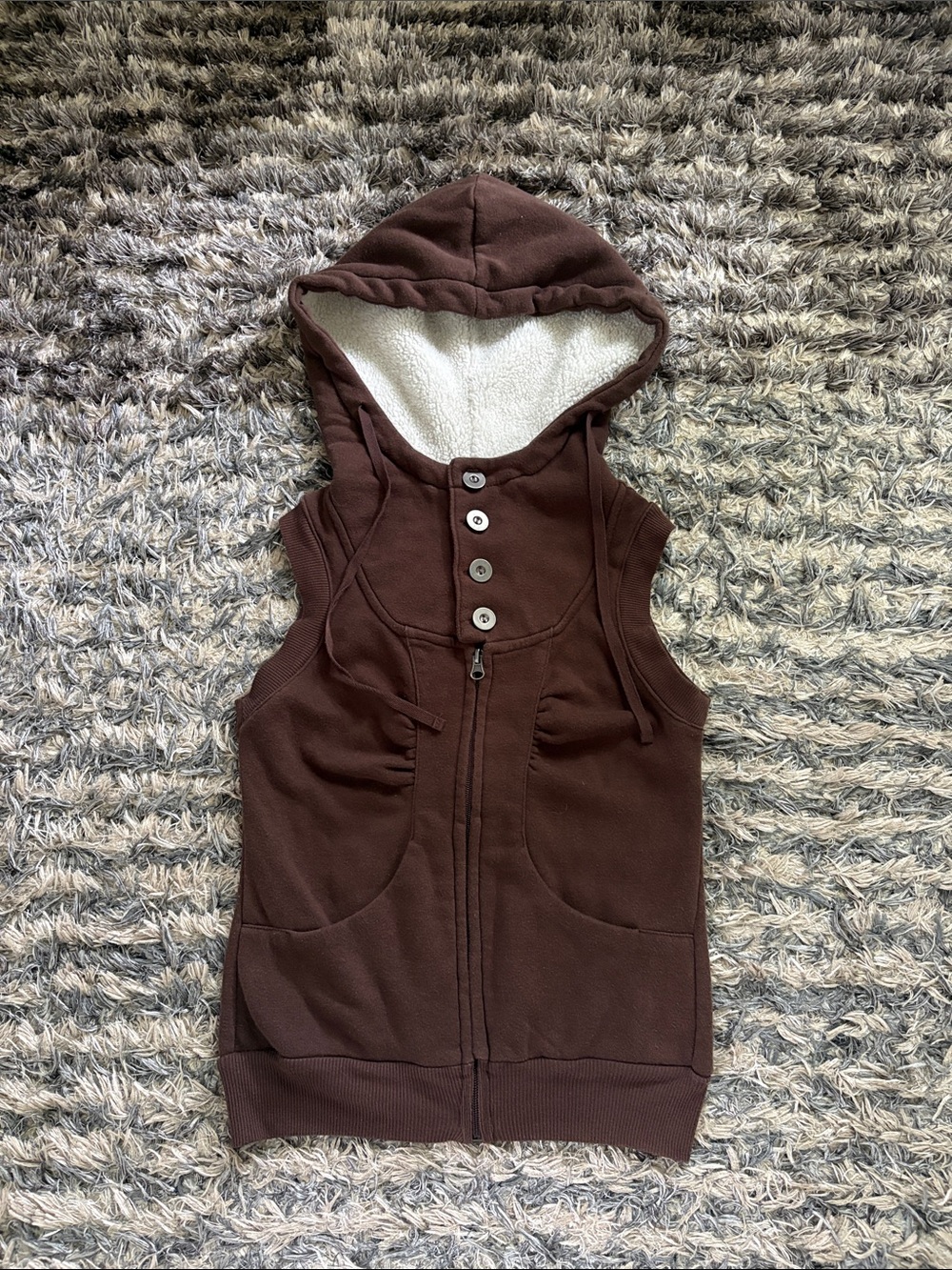 Sleeveless Hooded Sherpa-Lined Cotton Zip Vest in Chocolate Mousse Size S